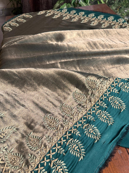 Green & Golden Shade Saman Tissue Silk Fine Chikankari Shawl