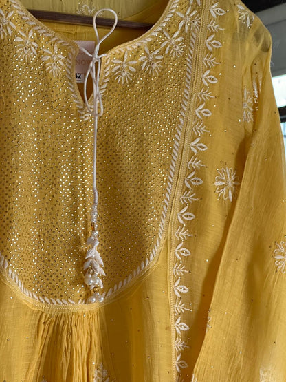 Yellow Mal Mukaish Kamdani Chikankari Kurta Dupatta Set