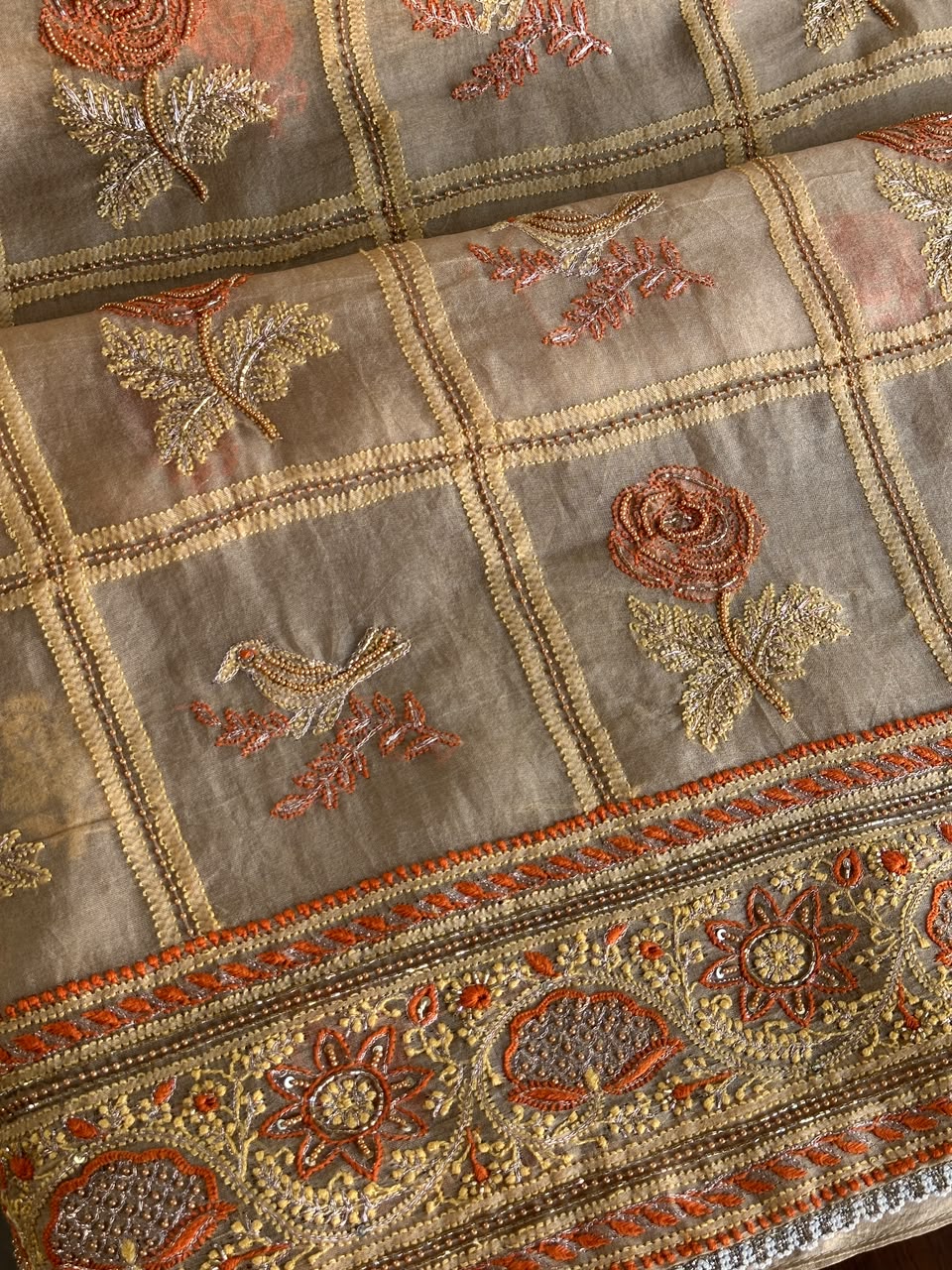 Dark Beige Organza Banarasi Silk Chikankari Unstitched Kurta Dupatta Set
