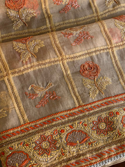 Dark Beige Organza Banarasi Silk Chikankari Unstitched Kurta Dupatta Set