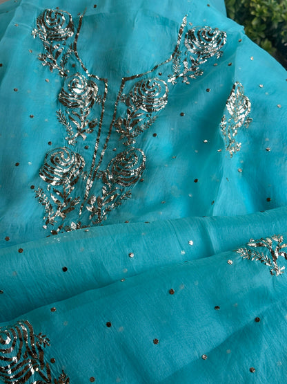 Aqua Blue Foil Print Organza Chikankari Sharara Set