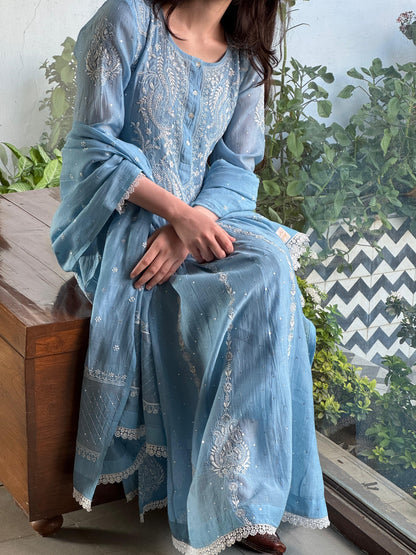 Powder Blue Shade Malmal Pearl Work Chikankari Anarkali