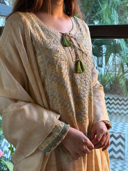 Basak Natural Tussar Silk Kalidar Chikankari Kurta Set