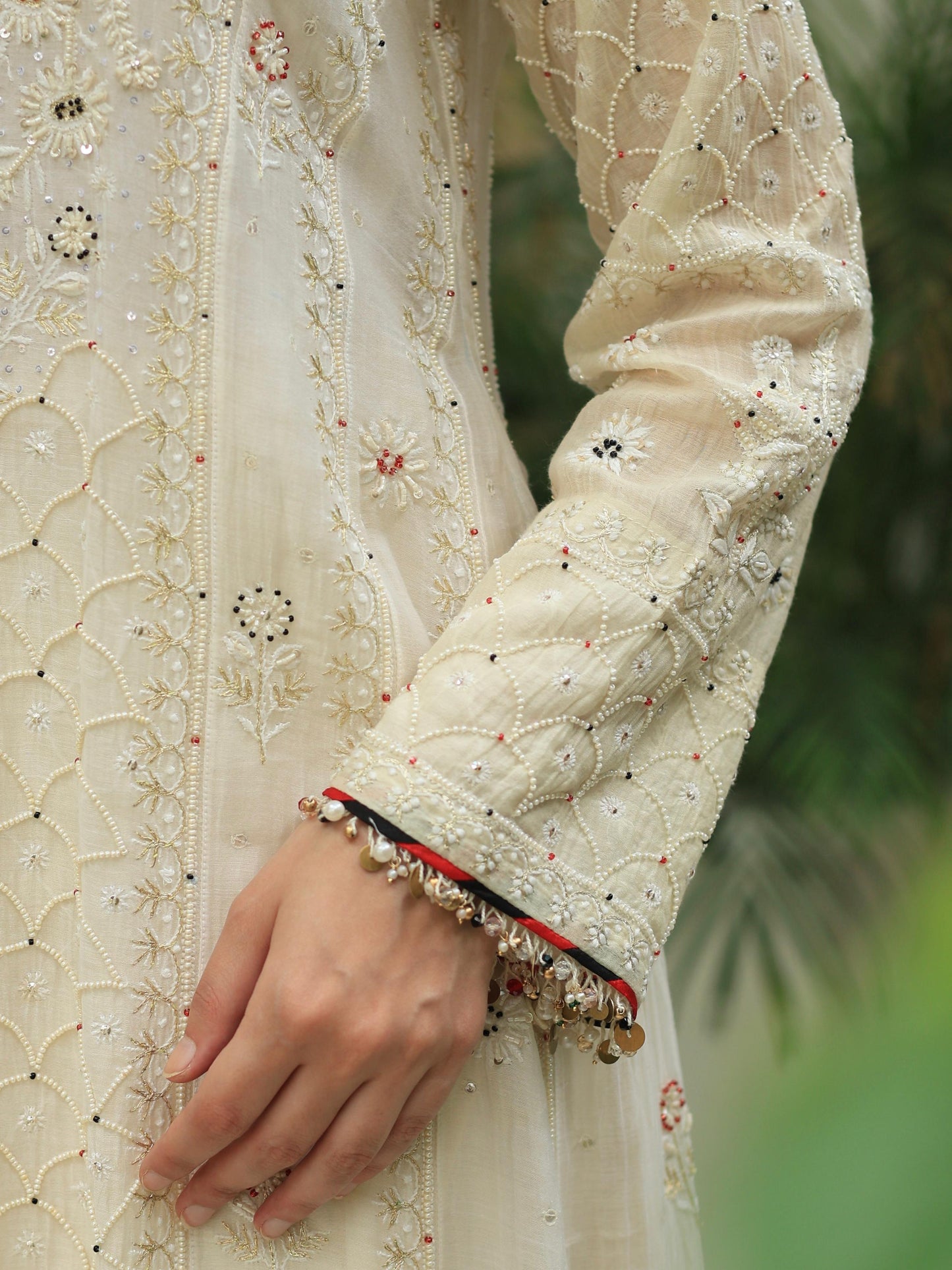 Off White Shade Malmal Pearl Work Chikankari A Line Kalidar Kurta With Dupatta