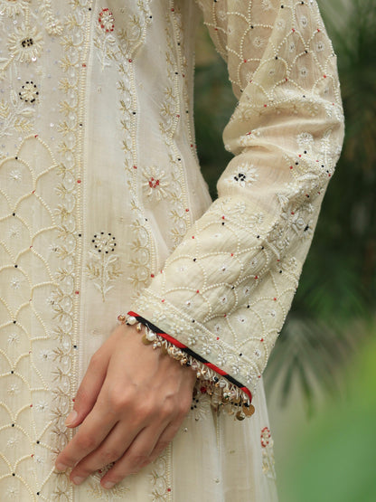 Off White Shade Malmal Pearl Work Chikankari A Line Kalidar Kurta With Dupatta