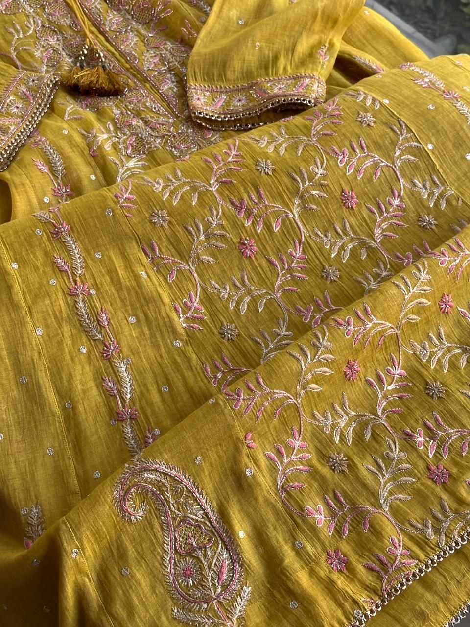 Yellow Shade Tissue Silk Chikankari Anarkali With Ari Work