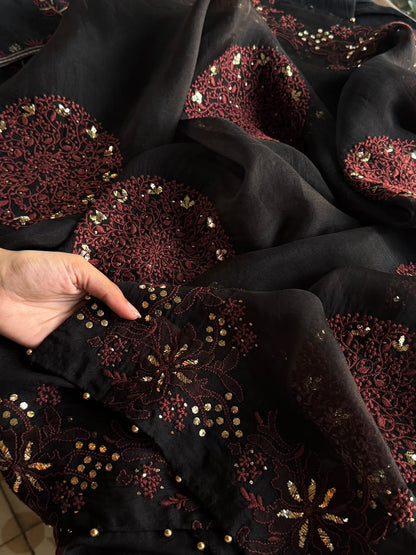 Black & Rust Red Shade Coral Motif Fine Chikankari Organza Mukaish Dupatta