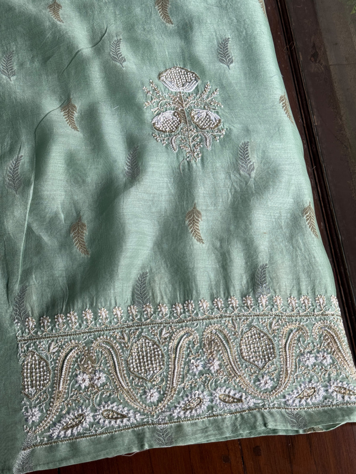 Mint Green Shade Banarasi Zari Chanderi Unstitched Chikankari Fabric