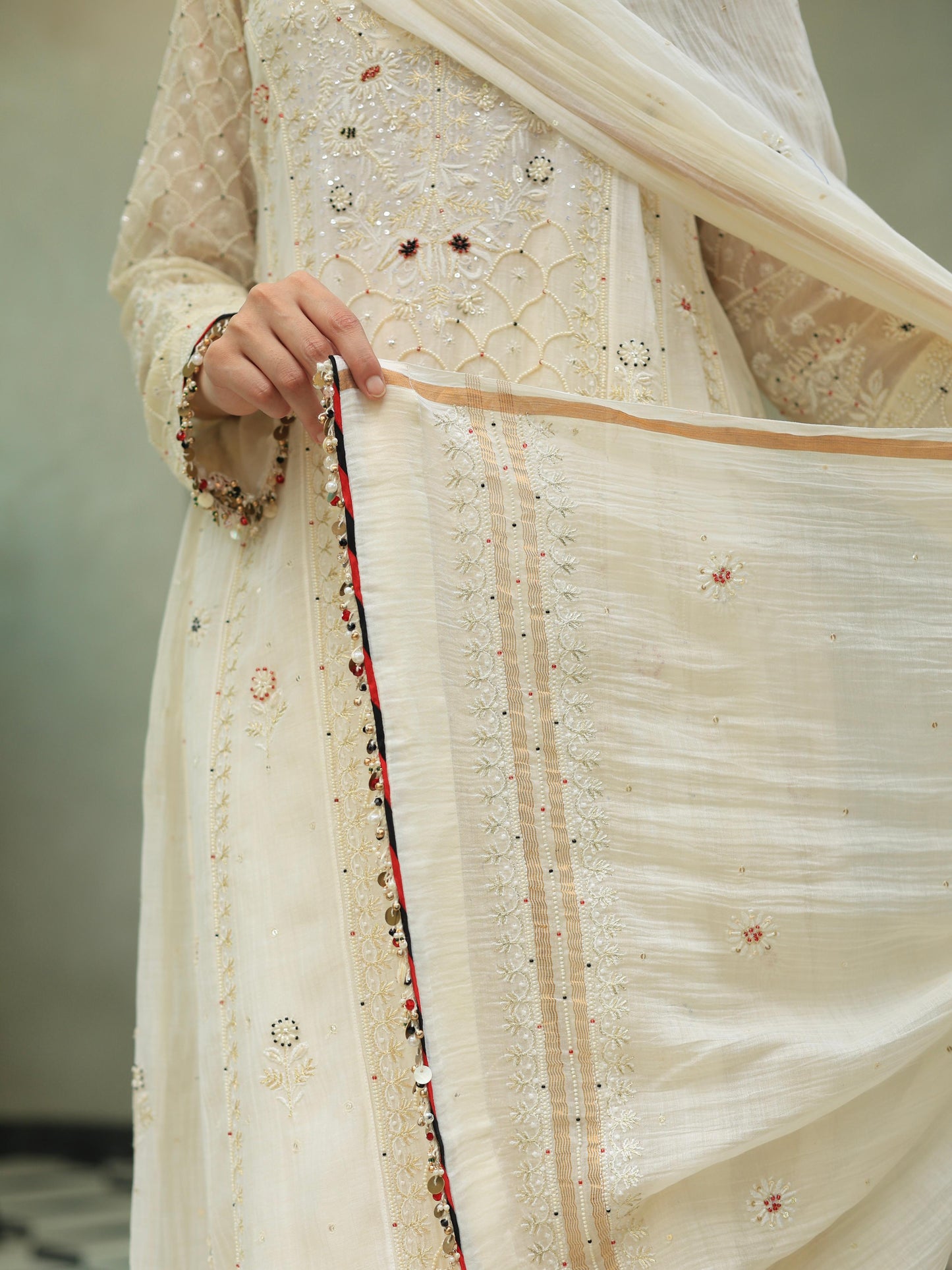 Off White Shade Malmal Pearl Work Chikankari A Line Kalidar Kurta With Dupatta