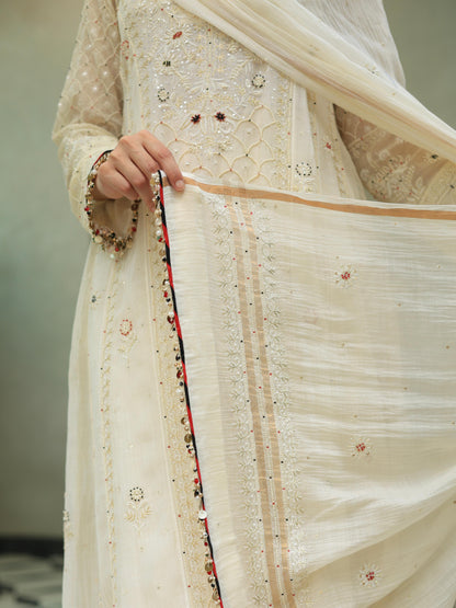 Off White Shade Malmal Pearl Work Chikankari A Line Kalidar Kurta With Dupatta