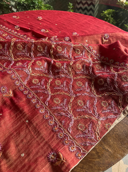 Red Tissue Silk Chikankari Unstitched Fabrics