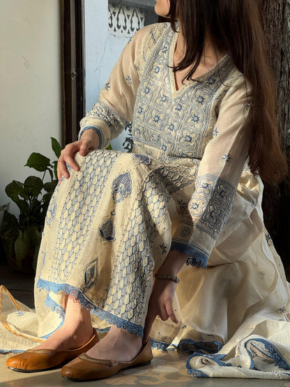 Indigo & Off White Shade Malmal Zari Pearl Work Chikankari Kalidar Kurta Set