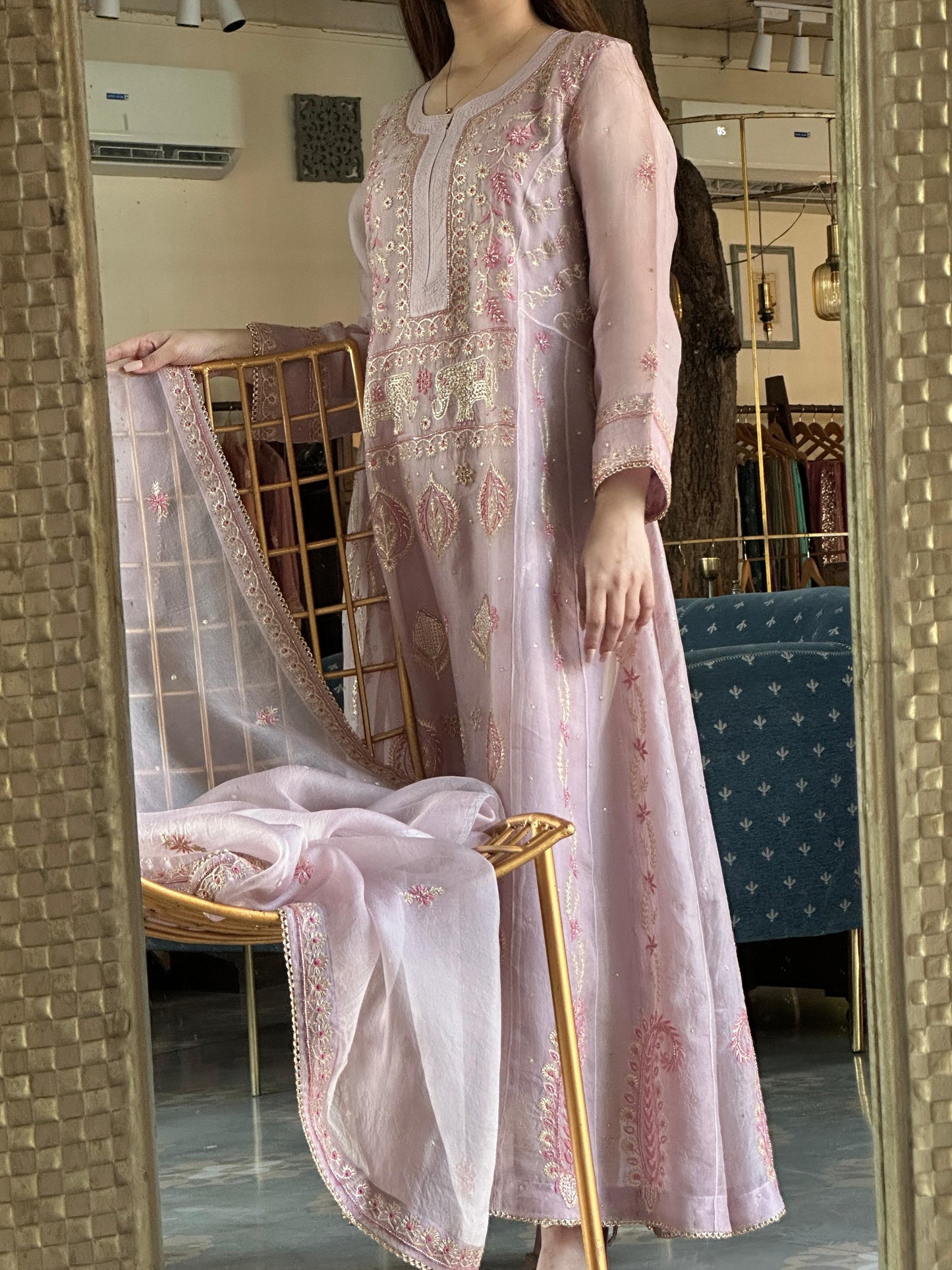 Mauve Pink Shade Noor Organza Chikankari A Line Kurta With Dupatta