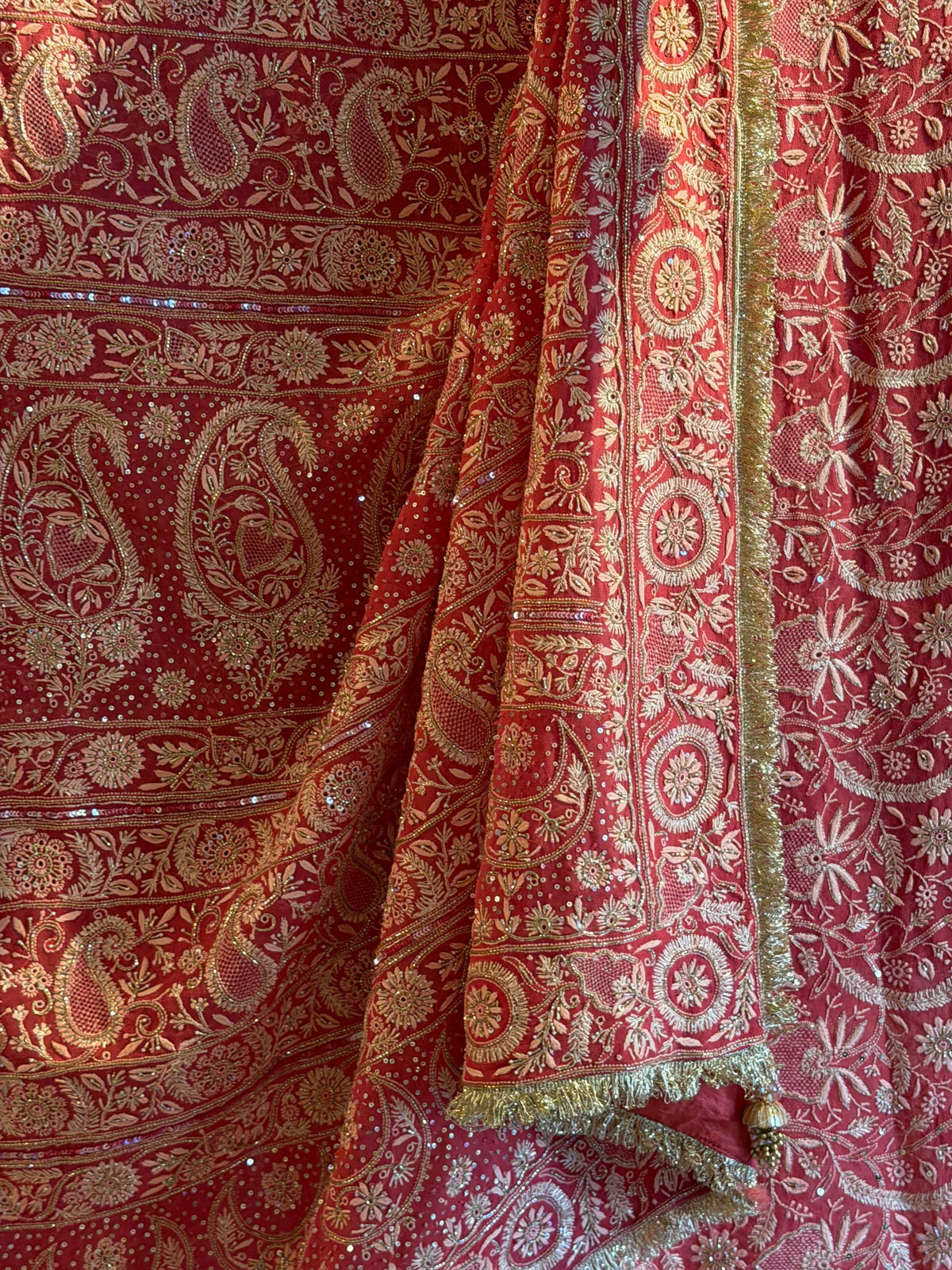 Deep Coral Shade Heavy Chikankari Jwelled Chikankari Sequinned Saree