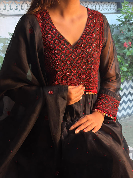 Black Sico (Silk Cotton) Chikankari Tux Kurta Set