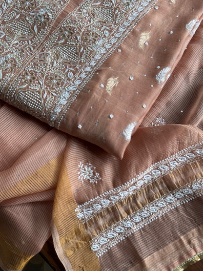 Almond Peach Shade Banarasi Zari Chanderi Unstitched Chikankari Fabric
