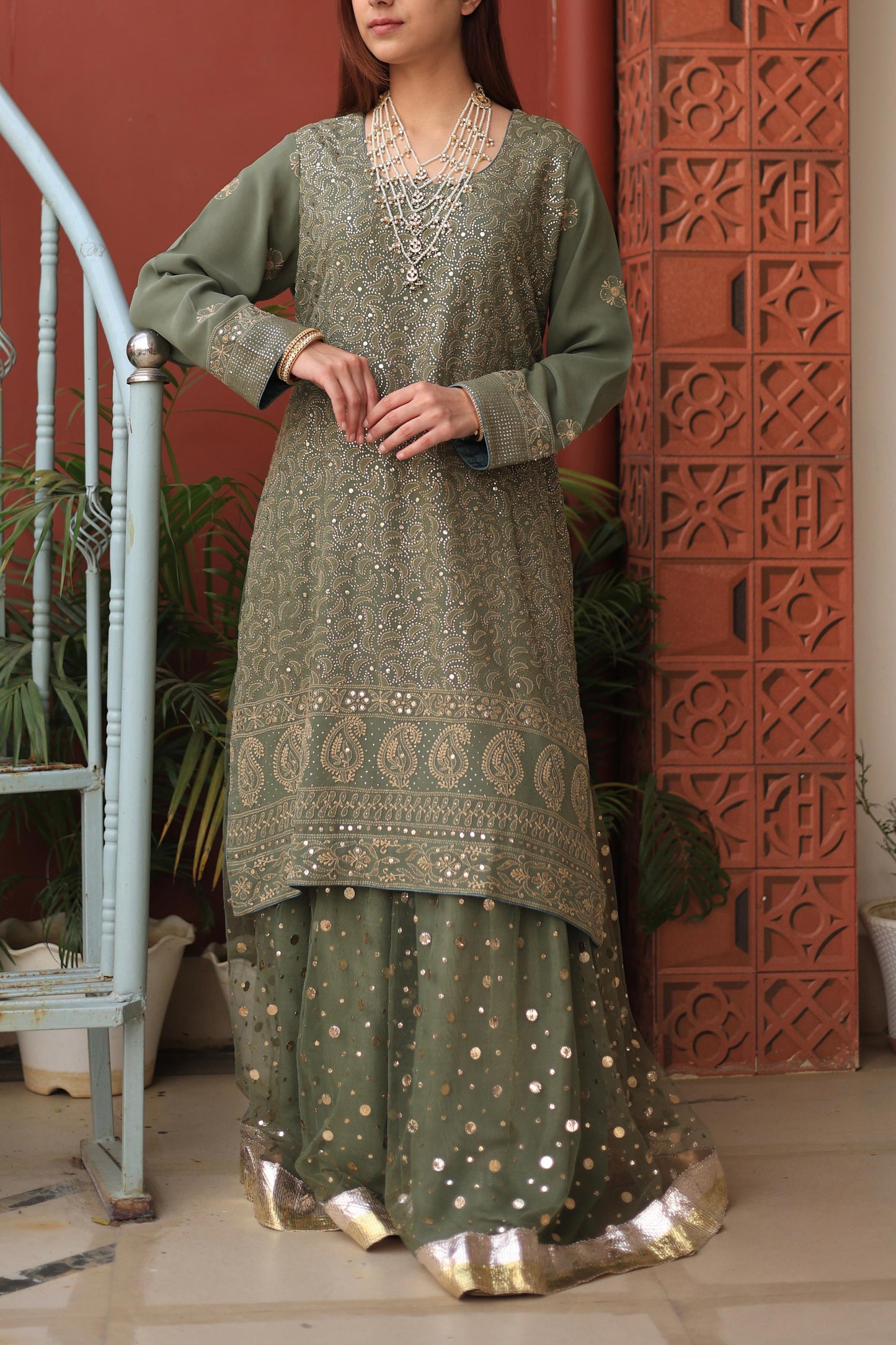 Mehndi Green Chikankari Pure Georgette Kurta Gharara Set with Kalamkari Dupatta