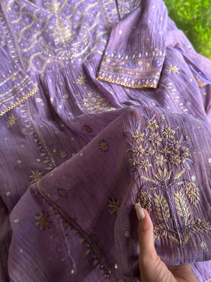 Lilac Purple Shade Tissue Silk Bhopali Kurta Dupatta Set