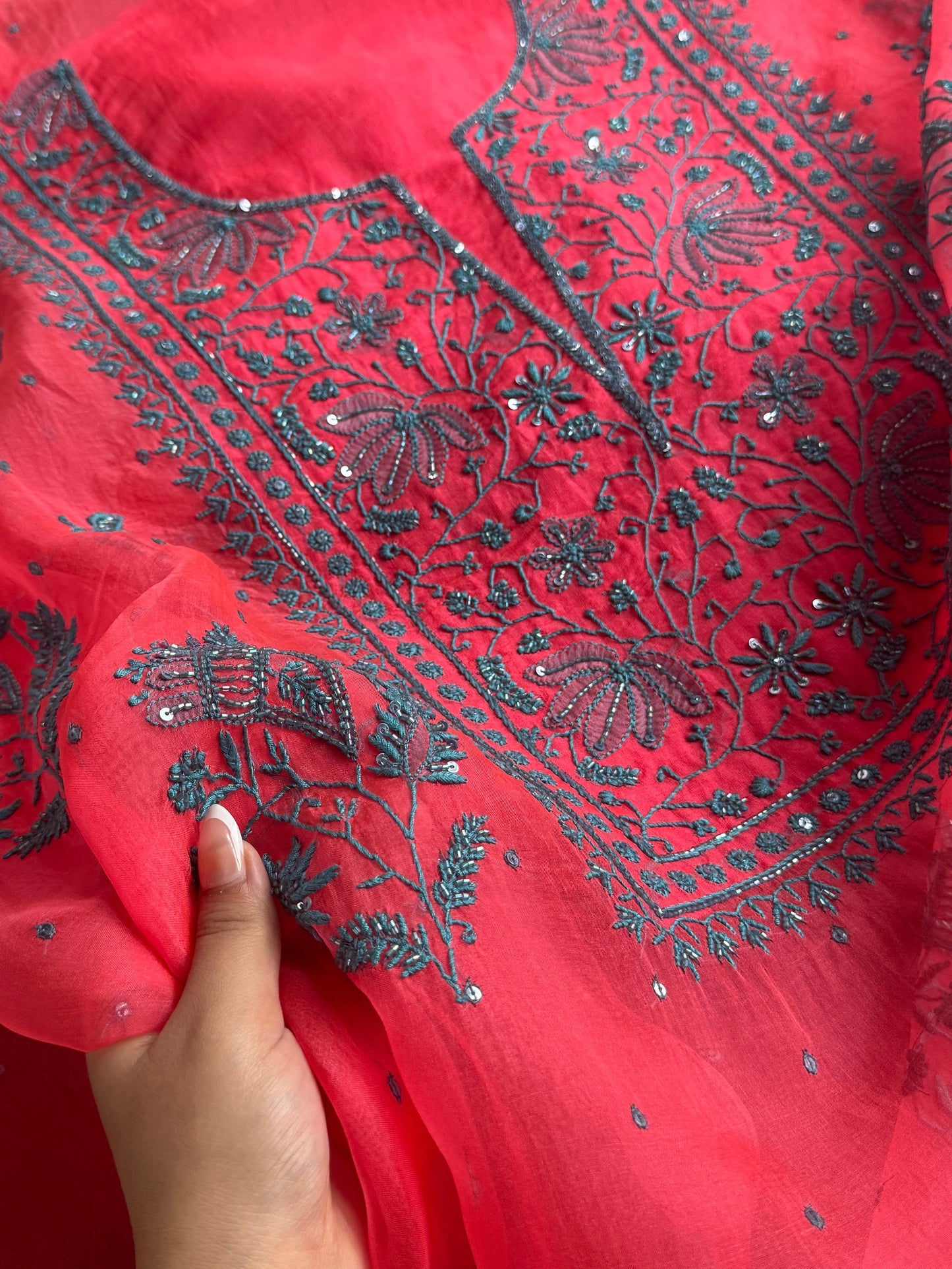 Watermelon Red Shade Noor Organza Silk Chikankari Unstitched Kurta Dupatta Set