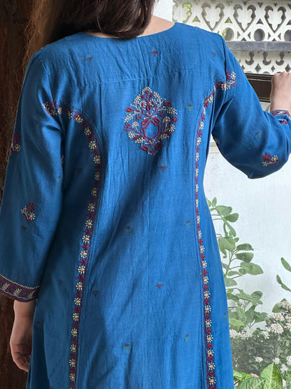 Blue & Maroon Handspun Malkha Chikankari Panel Tunic