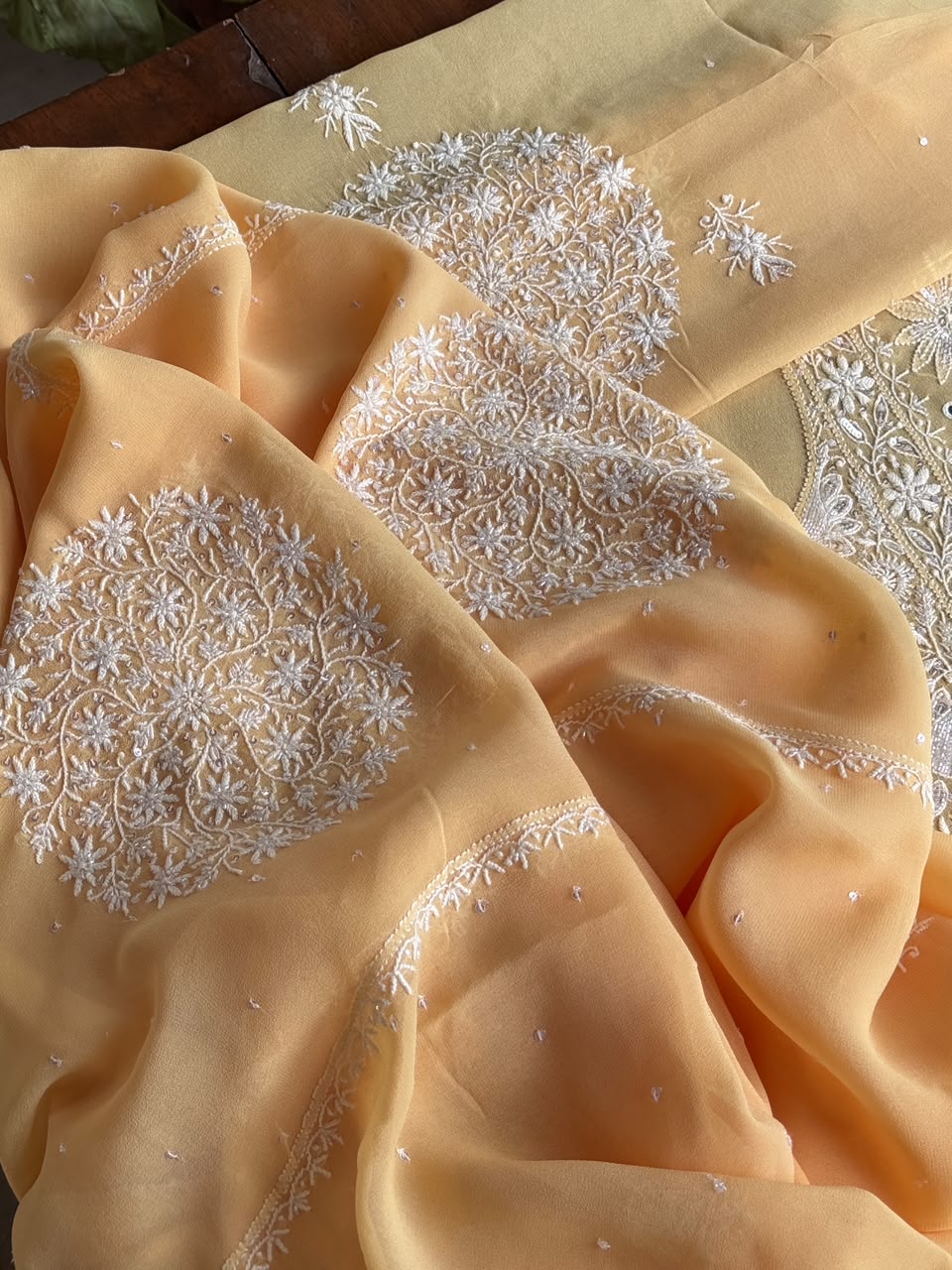 Melon Yellow shade Georgette Mirror Work Chikankari Kurta Dupatta Set