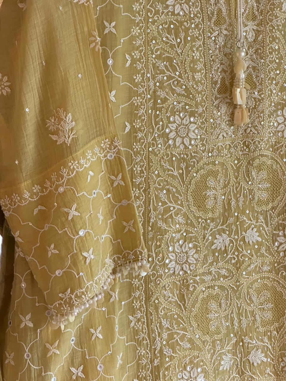 Yellow Shade Malmal Pearl White Chikankari Ready to Wear Kurta Set
