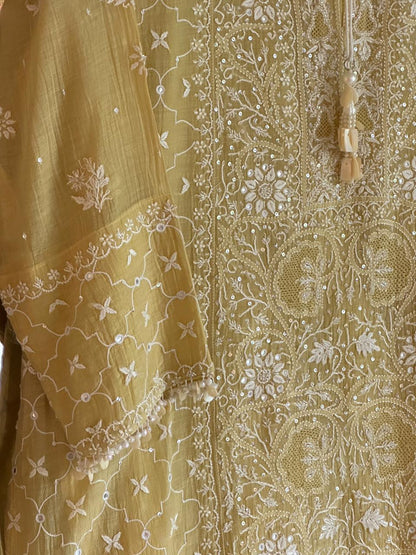 Yellow Shade Malmal Pearl White Chikankari Ready to Wear Kurta Set