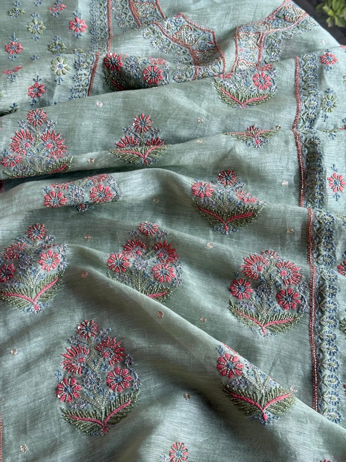 Mint Green Linen Silk Chikankari With Ari Work Unstitched Kurta Dupatta Set