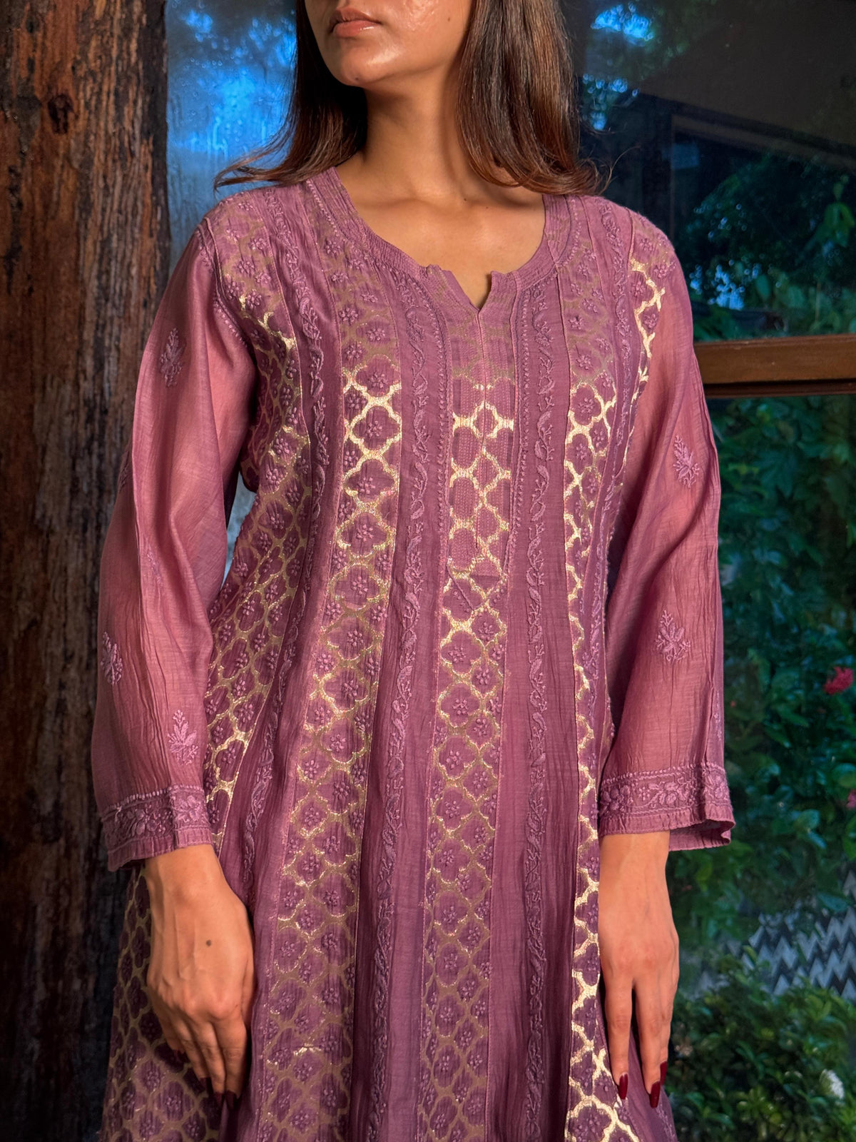 Purple Zari Chanderi Chikankari A Line Kurta with Slip