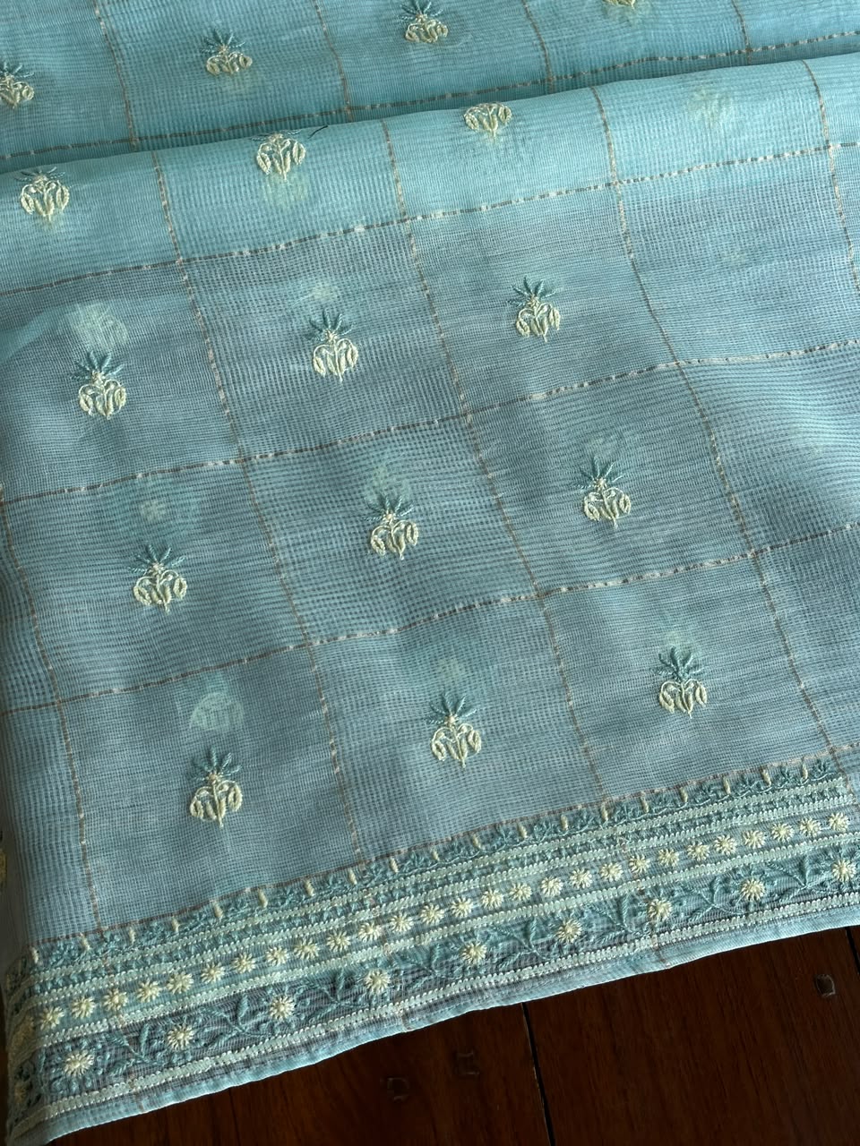 Aqua Green Shade Tissue Zari Kota Chikankari Unstitched Fabric