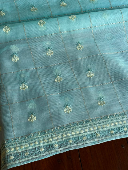 Aqua Green Shade Tissue Zari Kota Chikankari Unstitched Fabric