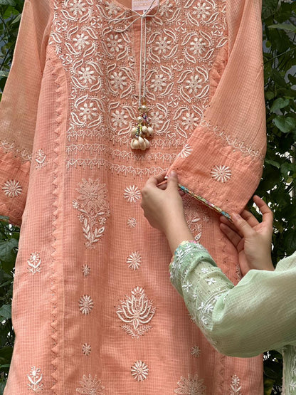Peach Shade Kota Applique Chikankari Kurta Dupatta Set