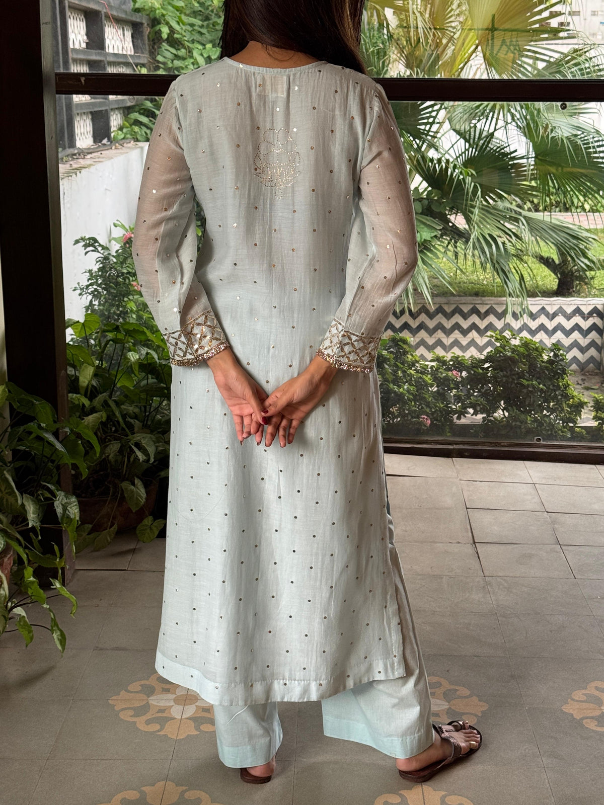 Ice Blue Mukaish Mul Chanderi Silk Ready To Wear Dress