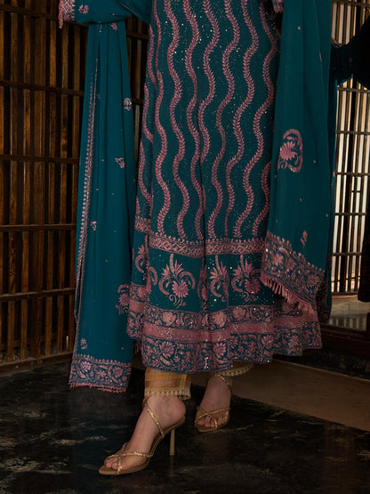 Prussian Blue Sequinned Georgette Chikankari Anarkali