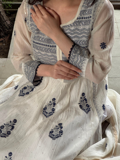 White Melon | Malmal Mukaish Kamdani Chikankari Stitched Kurta Dupatta Set