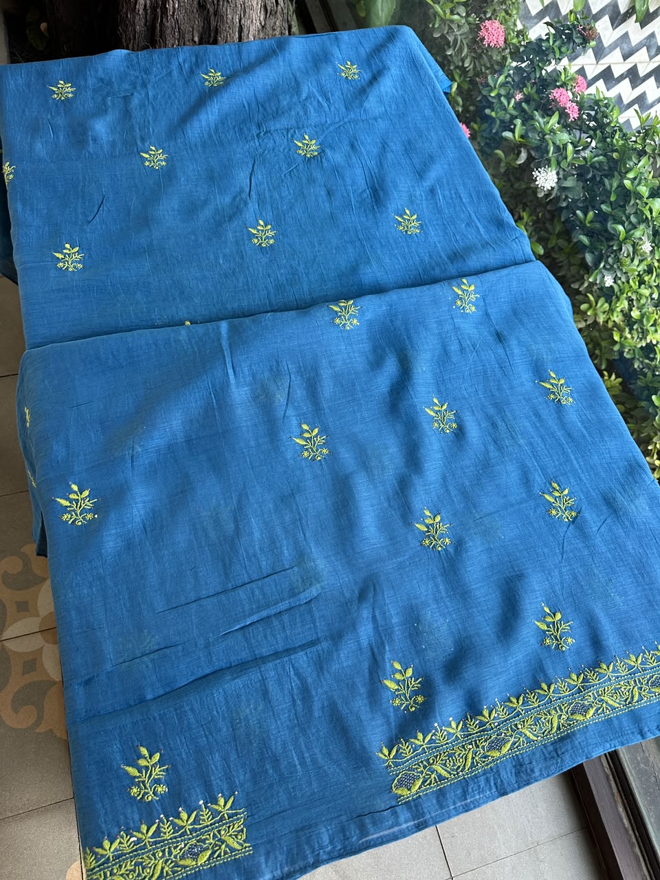 Blue & Green Shade Mal Cotton Chikankari Unstitched Kurta Dupatta Fabric With Mukaish Badla