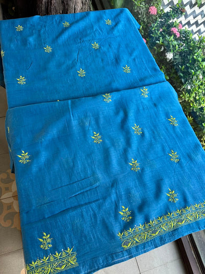 Blue & Green Shade Mal Cotton Chikankari Unstitched Kurta Dupatta Fabric With Mukaish Badla