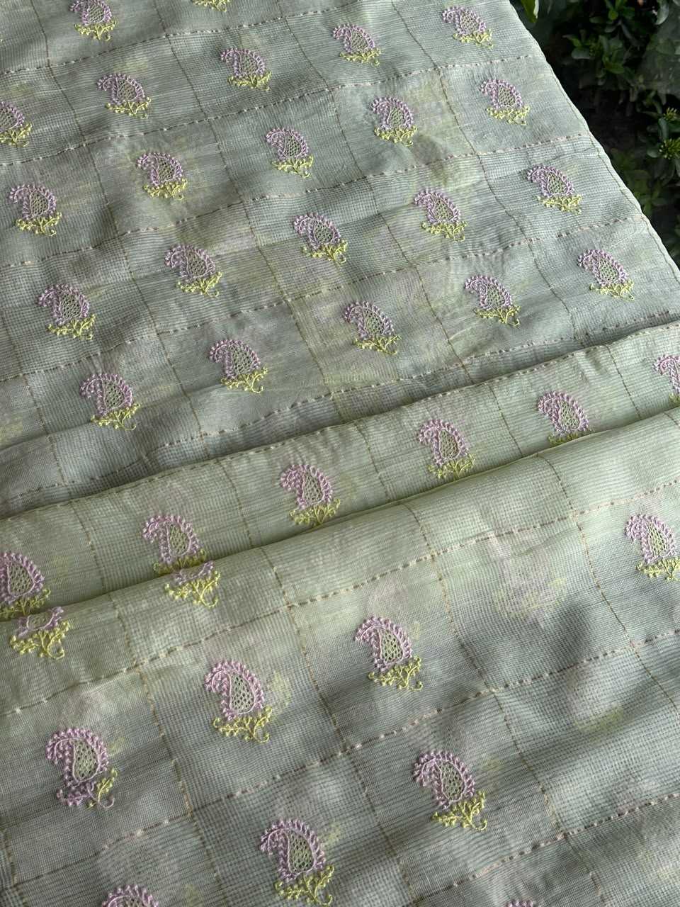 Olive Green Shade Tissue Zari Kota Chikankari Unstitched Fabric