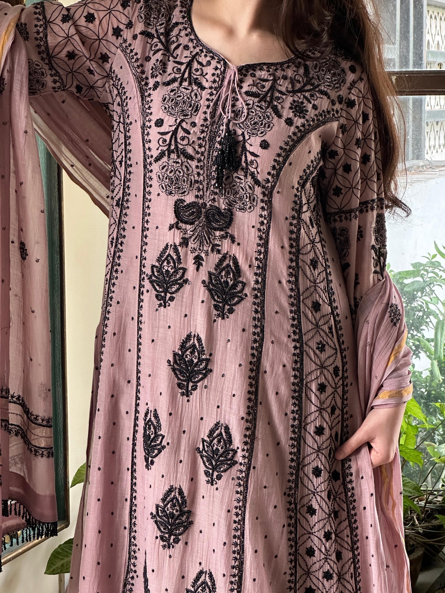 Plum Black Shade Malmal Pearl Work Chikankari Anarkali