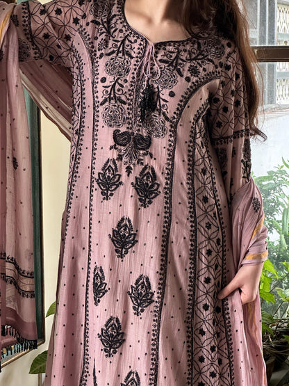 Plum Black Shade Malmal Pearl Work Chikankari Anarkali