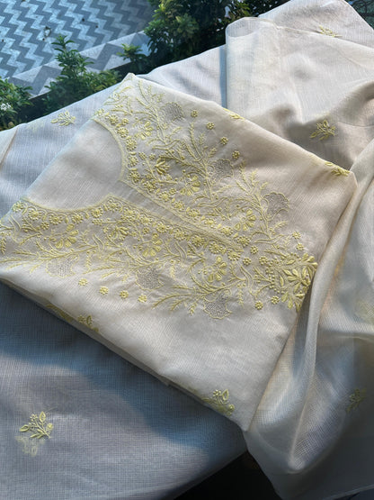 White & Lemon Kota Chikankari Unstitched Fabric