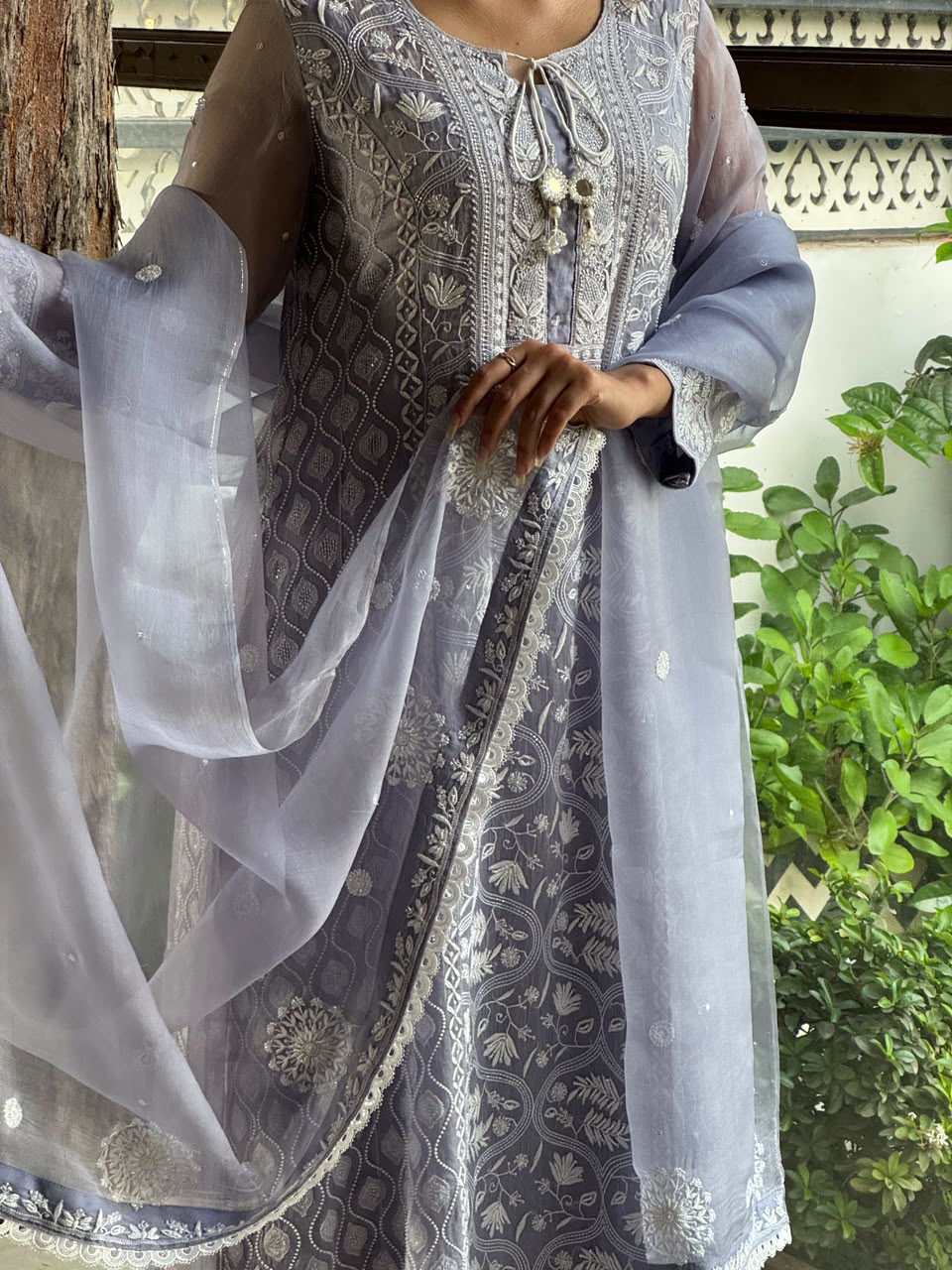 Mauve Blue Shade Cutwork Noor Organza Chikankari Anarkali
