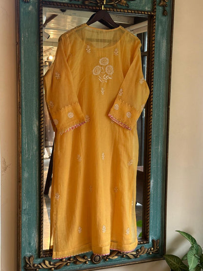 Mustard Yellow Shade Kota Applique Chikankari Kurta Dupatta Set