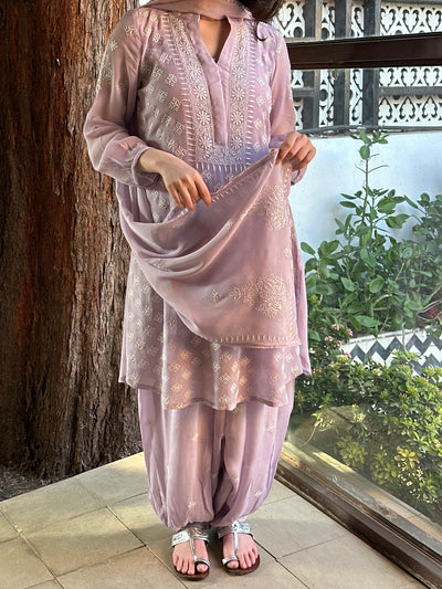 Lavender Chiffon Afghani Shalwar Chikankari Coord Set - Fine Chikankari Work