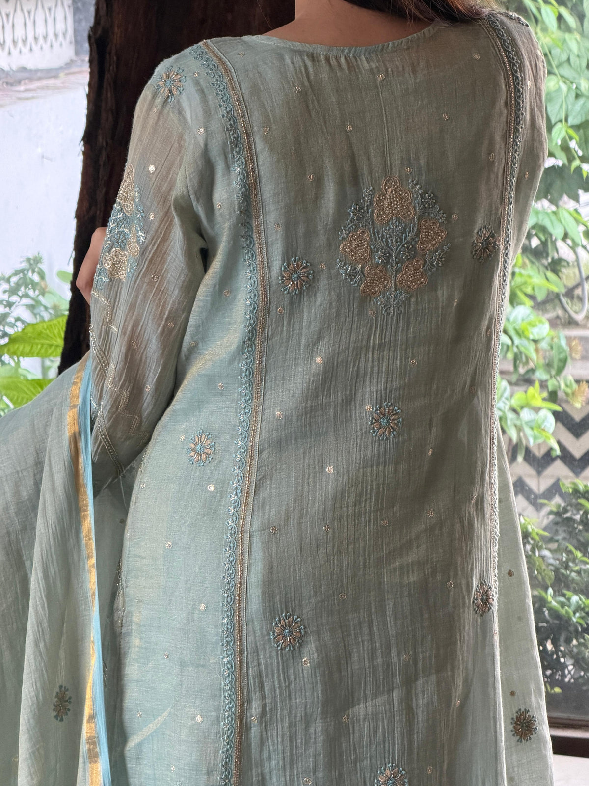 Cement Shade Tissue Silk Chikankari Bhopali Cut Kurta Dupatta Set