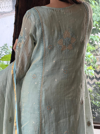 Cement Shade Tissue Silk Chikankari Bhopali Cut Kurta Dupatta Set