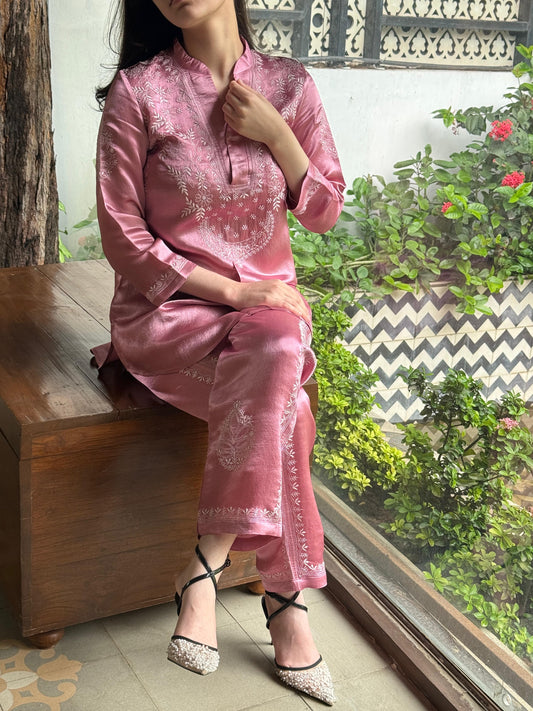 Deep Blush Pink Satin Shimmer Chikankari Co-Ord Set