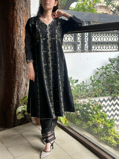 Black Handspun Malkha Chikankari Panel Tunic