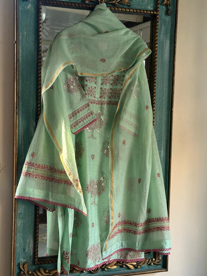 Sea Green Mal Mukaish Kamdani Chikankari Kurta Dupatta Set