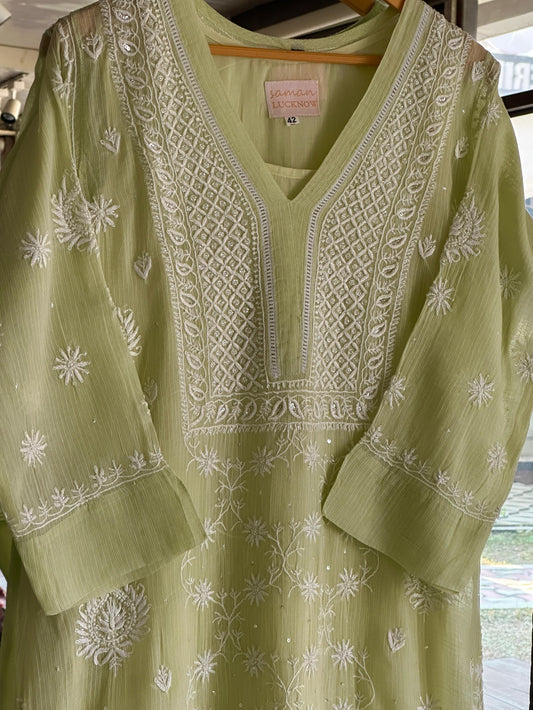 Soft Pastel Green Sequinned Chikankari Kota Kurta